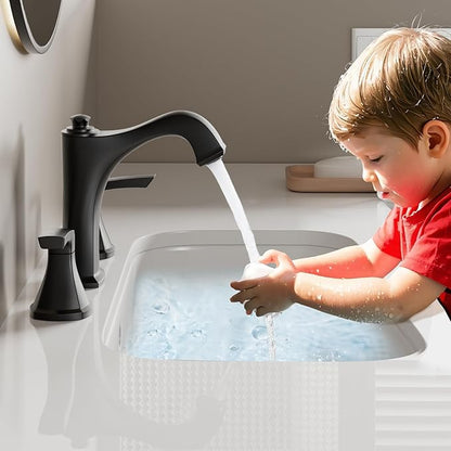 Matte Black Bathroom Faucet 3 Hole, Sanliv Widespread Bathroom Sink Faucet with Pop-Up Drain, 2 Handles Modern Vanity Faucet for 4-8 Inch Wide Spread Sinks, ‎Matte Black