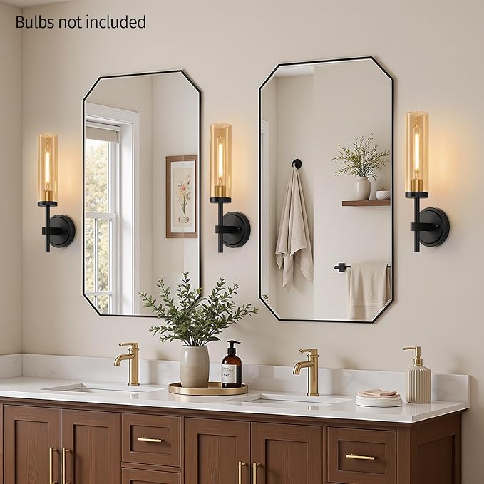 MOKATNG Hardwired Wall Sconces Set of Two, Black and Gold Bathroom Sconces with Amber Glass, Modern Wall Light Fixtures for Bathroom Mirror Vanity, Living Room, Hallway, Stairway, Cabinet, Foyer