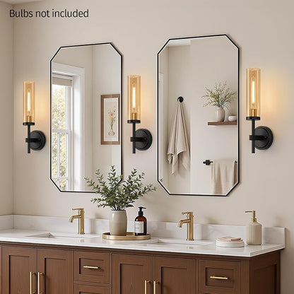 MOKATNG Hardwired Wall Sconces Set of Two, Black and Gold Bathroom Sconces with Amber Glass, Modern Wall Light Fixtures for Bathroom Mirror Vanity, Living Room, Hallway, Stairway, Cabinet, Foyer