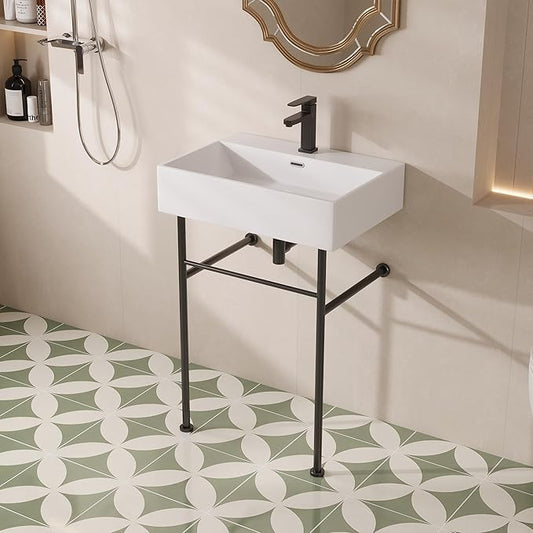 DeerValley 24"x17" Console Bathroom Sink, Free Standing 30 Inch Stainless Steel Support Pedestal Legs, Wall-Mounted White Ceramic Basin, Modern Rectangular Sink Porcelain, Matte Black