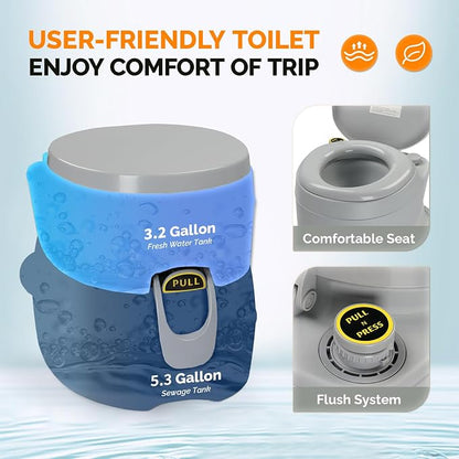 VINGLI Portable Toilet for Camping, Portable RV Toilet with 5.3 Gallon Detachable Sewage Tank, Indoor Outdoor Leak-Proof Toilet for Adults, Suitable for Hiking, Camping, Traveling and Boating