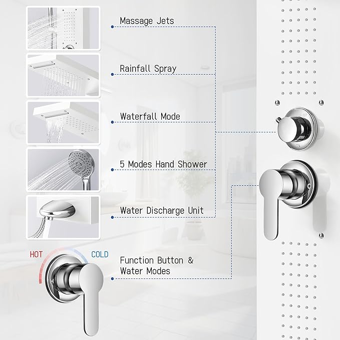 Shower Panel System, Multi-Function Shower Tower With 4 Body Spray, 5 Handheld Settings, Shelf & Adjustable Height, Rainfall + Waterfall Shower Head, Rain Massage Spa System