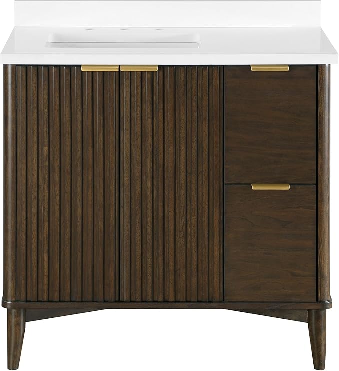 OVE Decors Indy 36 in. Undermount Single Sink Bathroom Vanity with White Engineered Marble Top, Dark Walnut