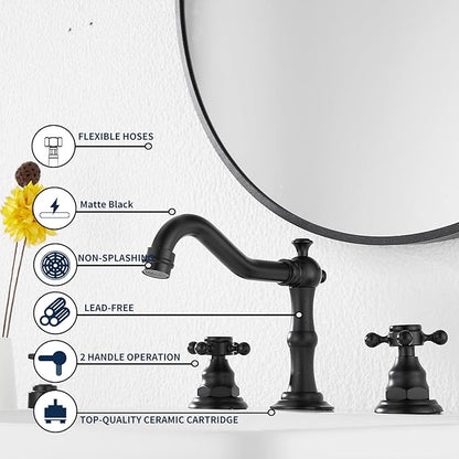 GGStudy Black Bathroom Faucet 2 Handles 3 Holes Faucet 8 inch Widespread Bathroom Sink Faucet Tap Mixer Supply Hose Included Matching Metal Pop Up Drain