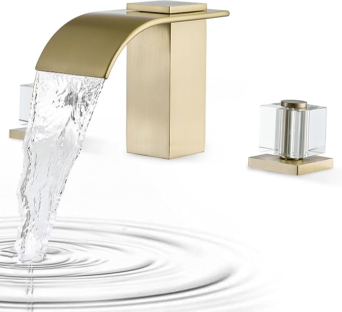 Brushed Gold Waterfall Bathroom Faucet 3 Hole Widespread Sink Faucet with Crystal Handles, Modern Bathroom Sink Faucet, 2 Handle Deck Mount Lavatory Faucet for Vanity Sink