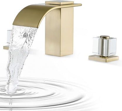 Brushed Gold Waterfall Bathroom Faucet 3 Hole Widespread Sink Faucet with Crystal Handles, Modern Bathroom Sink Faucet, 2 Handle Deck Mount Lavatory Faucet for Vanity Sink