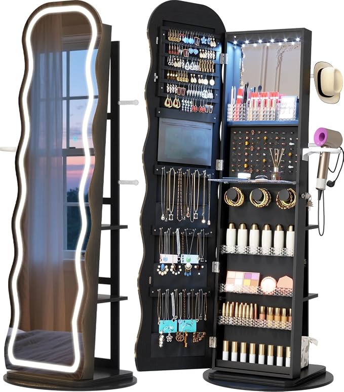 Vlsrka LED Mirror Jewelry Cabinet Standing, 360° Swivel, Black | Lockable Jewelry Armoire with Mirror, Interior LED Makeup Mirror, Foldable Shelf, Large Capacity, Gift for Women, Girls
