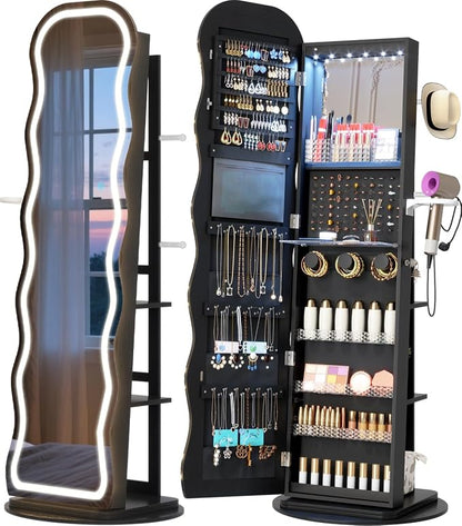 Vlsrka LED Mirror Jewelry Cabinet Standing, 360° Swivel, Black | Lockable Jewelry Armoire with Mirror, Interior LED Makeup Mirror, Foldable Shelf, Large Capacity, Gift for Women, Girls
