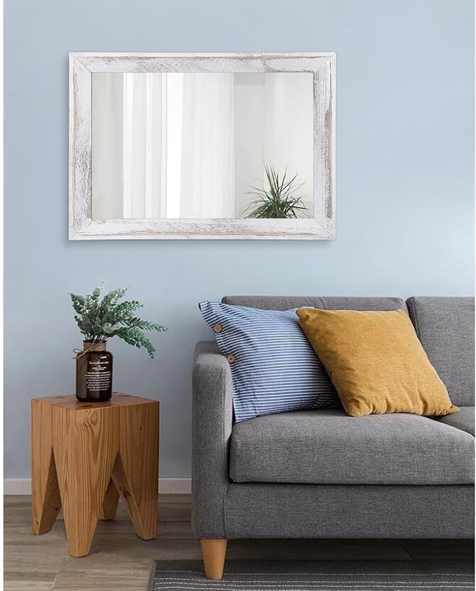 AAZZKANG Mirrors for Wall Rustic Wood Framed Hanging Mirror 26"x18" Decorative for Farmhouse Bedroom Bathroom Living Room Entryway Hallway White