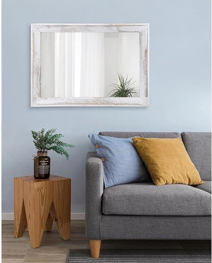 AAZZKANG Mirrors for Wall Rustic Wood Framed Hanging Mirror 26"x18" Decorative for Farmhouse Bedroom Bathroom Living Room Entryway Hallway White