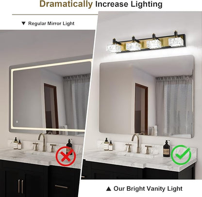 4-Light Bathroom Vanity Light Dimmable, 24W LED Bathroom Lighting Fixtures Over Mirror, Gold Black Wall Sconce with Crystal Shade for Daylight Illumination