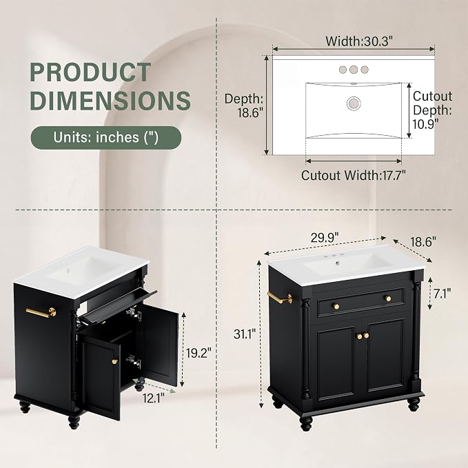 YESHOMY 30" Bathroom Vanity with Sink, Bathroom Storage Cabinet | Bathroom Vanity, Solid Wood, Integrated Ceramic Basin, 1 Flip-Down Drawer, 2 Doors & Adjustable Shelf, Black
