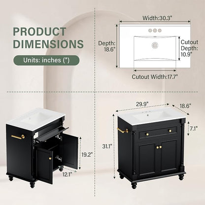 YESHOMY 30" Bathroom Vanity with Sink, Bathroom Storage Cabinet | Bathroom Vanity, Solid Wood, Integrated Ceramic Basin, 1 Flip-Down Drawer, 2 Doors & Adjustable Shelf, Black