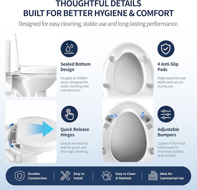 Raised Toilet Seat, Elongated 18.5", Soft Close | 2.91" elevated height, quick-release design, stable PP construction, easy installation, fits most standard elongated toilets