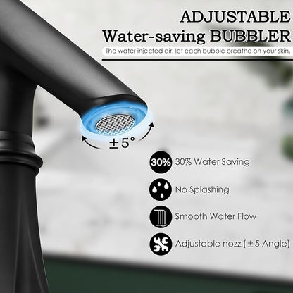 Black Bathroom Faucet 3 Hole, 8 inch Widespread Bathroom Sink Faucet with Adjustable Spout, Solid Brass Modern Faucet for Bathroom Sink with Supply Hoses and 2 Handles