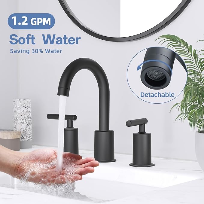 VXV Matte Black Bathroom Faucet 3 Hole Widespread with Easy Installation, 2-Handle 8 Inch Bathroom Sink Faucet 360° Swivel Spout, Pre-Attached Hoses & Drain Included, Vanity Faucet for Bath Sink