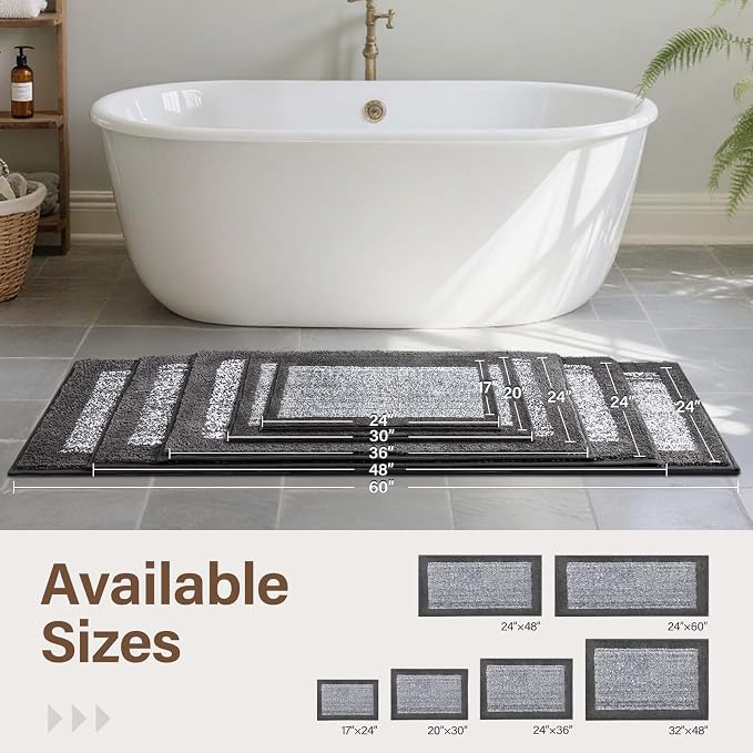 Long 2x4 Ft (48''x24'') Bathroom Rugs Bath Mat, Non Slip Washable Large Bath Mats for Bathroom, Soft Absorbent Quick Dry Bath Rugs Kitchen Runner Rug for Shower, Hallway, Laundry, Tub(Grey)