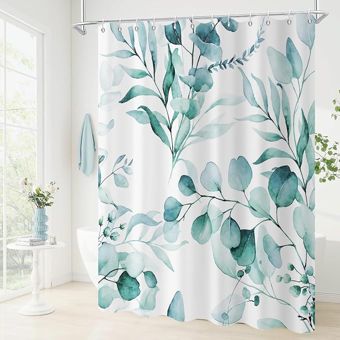 Teal Shower Curtain, Watercolor Eucalyptus Leaves Botanical Plants with Floral Bathroom Curtain Home Bathtub Decor Waterproof Fabric Machine Washable with 12 PCS Hooks,60" Wx72 L