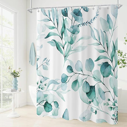 Teal Shower Curtain, Watercolor Eucalyptus Leaves Botanical Plants with Floral Bathroom Curtain Home Bathtub Decor Waterproof Fabric Machine Washable with 6PCS Hooks,36" Wx72 L