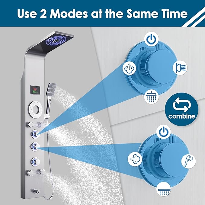 ROVOGO Shower Panel Tower System Unibody Design, Rain Mist Shower, Body Jets, Handheld and Tub Spout, No Battery Needed Led Lights and Temp Display, Shower Column 304 Stainless Steel Brushed