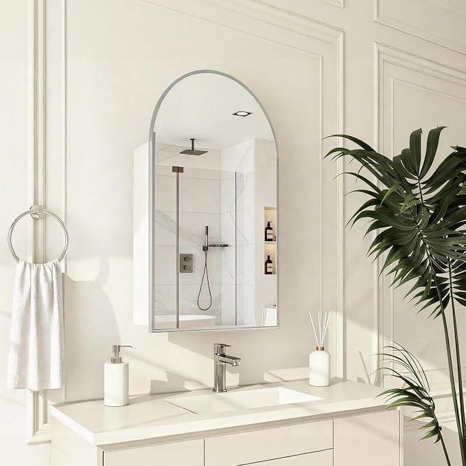 FKWin Medicine Cabinet Mirror, Surface Mount for Small Bathroom, 20x32 Inch | Mirror Medicine Cabinet, Large Storage, Adjustable Shelves, Reversible Door, Space-Saving Design for Small Bathroom, Silver