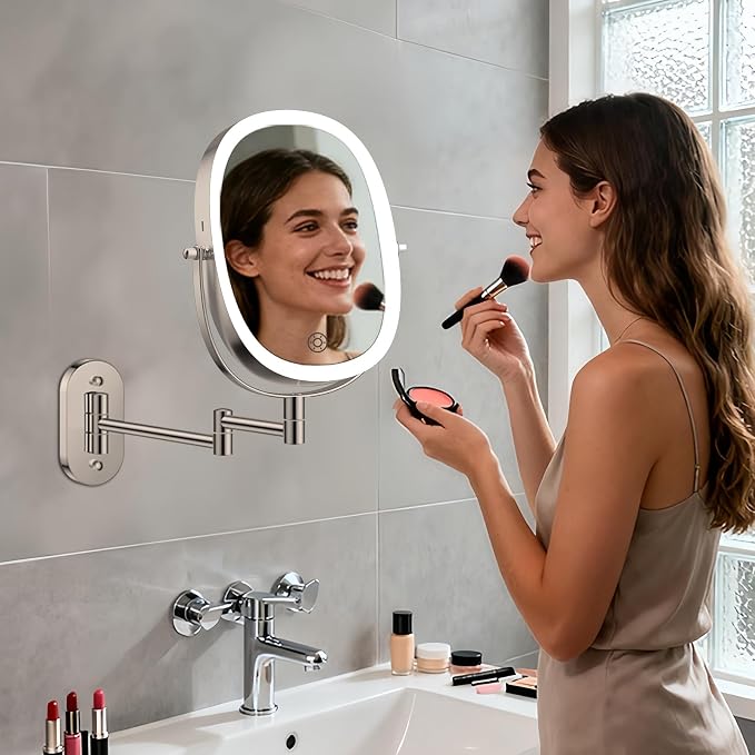 FUNTOUCH 5000mAh Rechargeable Wall Mounted Lighted Makeup Mirror,Nickel | Double Sided 30X/1X Magnifying Mirror Wall Mounted,Extended Arm 360°Rotation,Touch Dimmable,3 Color Lights for Bathroom