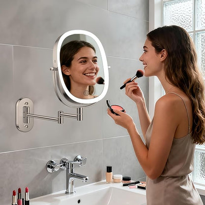 FUNTOUCH 5000mAh Rechargeable Wall Mounted Lighted Makeup Mirror,Nickel | Double Sided 30X/1X Magnifying Mirror Wall Mounted,Extended Arm 360°Rotation,Touch Dimmable,3 Color Lights for Bathroom