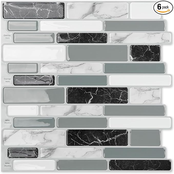 Art3d 6-Pack Peel and Stick Backsplash Wall Tile, 12 x 12 Inch, Marble Grey | Strong Adhesion, Lightweight, Cuttable, Waterproof, Fadeless, Crack Resistant, for Kitchen, Bedroom, Ideal for Recently Moved