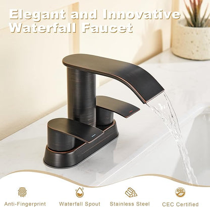 Ultimate Unicorn Bathroom Faucet for Sink Oil Rubbed Bronze, 4 Inch Bathroom Sink Faucet for 3 Hole or 2 Hole, 2 Handle Waterfall Faucets with Pop up Drain, Centerset Faucets for RV Counter