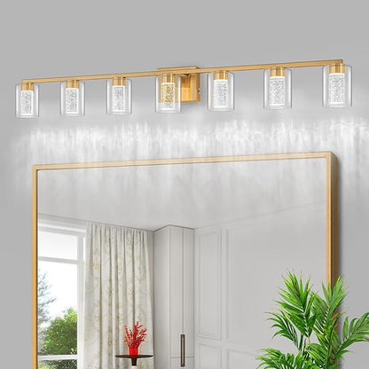 SineRise 7-Light Gold Vanity Light with 3 Color Modes (3000K/4000K/6000K), Eye Protection LED Bathroom Light Fixture, Dimmable Modern Wall Light Over Mirror with Clear Glass Shade