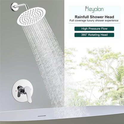 Heyalan 8-Inch Round Rain Shower Faucet Set with Valve,Polished Chrome | SUS304 stainless steel shower head, brass rough-in valve, single-handle control, 1.8 GPM, ideal for bathroom remodels