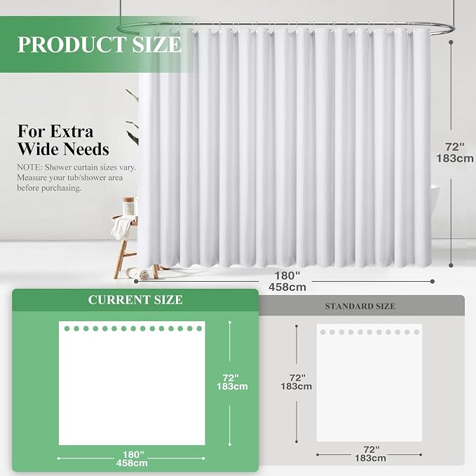 Extra Wide Waffle Shower Curtain 256 GSM Fabric 180x72 White | 180 Inch Wide, Thick Cloth, Weighted Hem, Water Repellent, Hotel Luxury Polyester Shower Curtain Set for Bathroom 32 Hooks