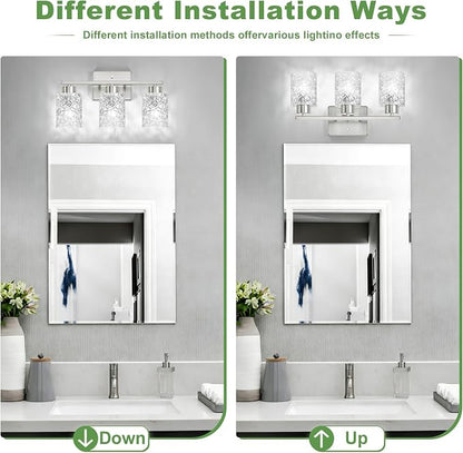 3-Light Bathroom Light Fixtures, Brushed Nickel Vanity Lights Over Mirror | Wall Sconces with Clear Textured Glass Shades for Living Room Bedroom Hallway,E26 Base (Bulbs Not Included)