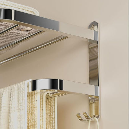 23 Inch Bathroom Towel Rack Towel Shelf with Double Towel Bars Lavatory Wall Mount Holder with Hooks Stainless Steel Hotel Bath Rack