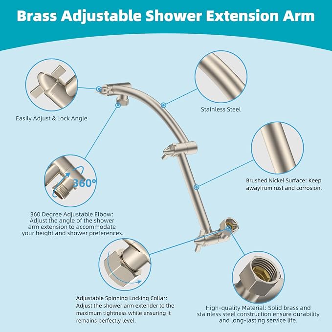 Hibbent Rain Filtered Shower Head, 13'' High Pressure Rainfall 5 Modes Showerhead with 16" Shower Head Extension Arm, Solid Brass Adjustable Shower Arm Extender, 20 Stage Shower Filter, Brushed Nickel