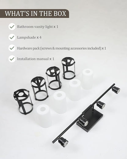 4-Light Black Bathroom Light Fixtures with Milk White Frosted Glass, 29" UL-Listed Modern Wall Sconce Over Mirror with Metal Cage for Bath, Hardwire E26, OS-3014BKW-4W
