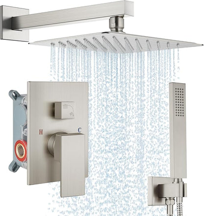 Midanya Shower Faucet Set,Wall Mount Shower System with Square Rain Shower Head and Hand Sprayer, Rough-in Valve Body and Trim Kit Included,10 Inch,Brushed Nickel