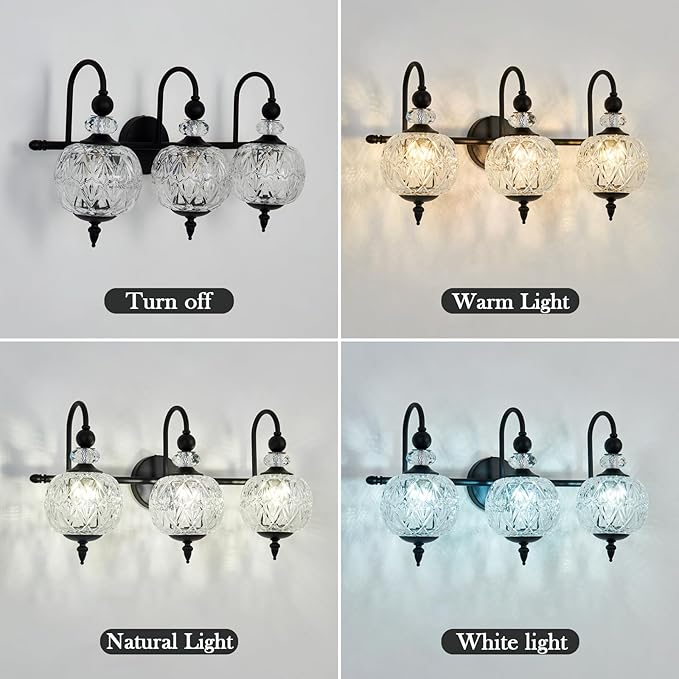 Vintage Bathroom Light Fixtures Black Vanity Light with Glass Globe LampShade 3 Lights Mid Century G9 Bulb Wall Sconce Indoor Vanity Light Over Mirror for Kitchen Bedroom Farmhouse