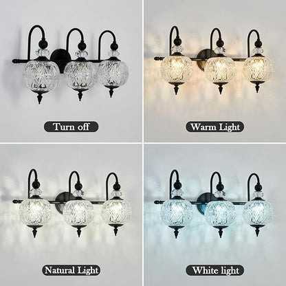 Vintage Bathroom Light Fixtures Black Vanity Light with Glass Globe LampShade 3 Lights Mid Century G9 Bulb Wall Sconce Indoor Vanity Light Over Mirror for Kitchen Bedroom Farmhouse