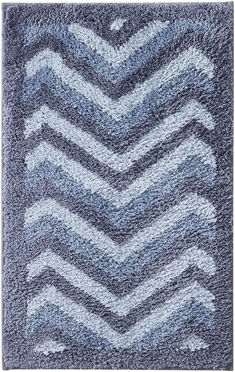 Hearth & Harbor Bathroom Rugs, Shaggy Plush Bath Mat, Ultra Soft Non Slip Backing Rubber, Chevron Design Bath Rug, Blue/Grey, 3 Piece Set