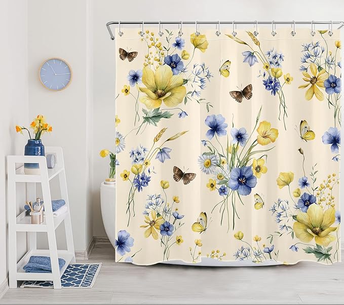 HVEST Wildflower Shower Curtain for Bathroom, Blue and Yellow Floral and Wheat with Butterfly Shower Curtain with Hook, Country Daisy Flower on Beige Shower Curtain Set Bathroom Decor, 72X78 inch