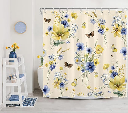 HVEST Wildflower Shower Curtain for Bathroom, Blue and Yellow Floral and Wheat with Butterfly Shower Curtain with Hook, Country Daisy Flower on Beige Shower Curtain Set Bathroom Decor, 72X78 inch