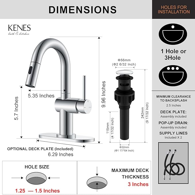KENES Pull Out Bathroom Sink Faucet, Polished Chrome Single Handle Bathroom Faucet with Pull Down Sprayer, Vanity Bar Faucet with Pop Up Drain & Deck Plate, KE-9065B-5