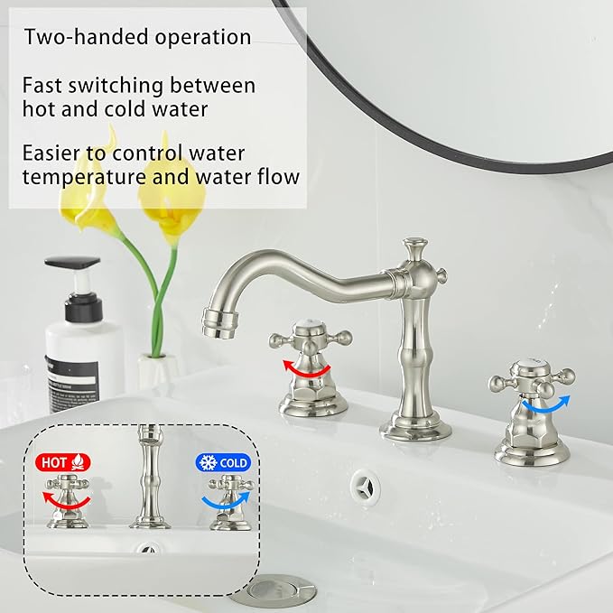 GGStudy 2 Handles 3 Holes Faucet Widespread Bathroom Sink Faucet Brushed Nickel Basin Tap Mixer Faucet Matching Pop Up Drain