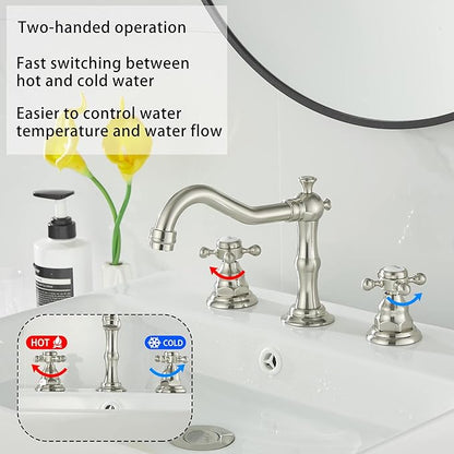 GGStudy 2 Handles 3 Holes Faucet Widespread Bathroom Sink Faucet Brushed Nickel Basin Tap Mixer Faucet Matching Pop Up Drain