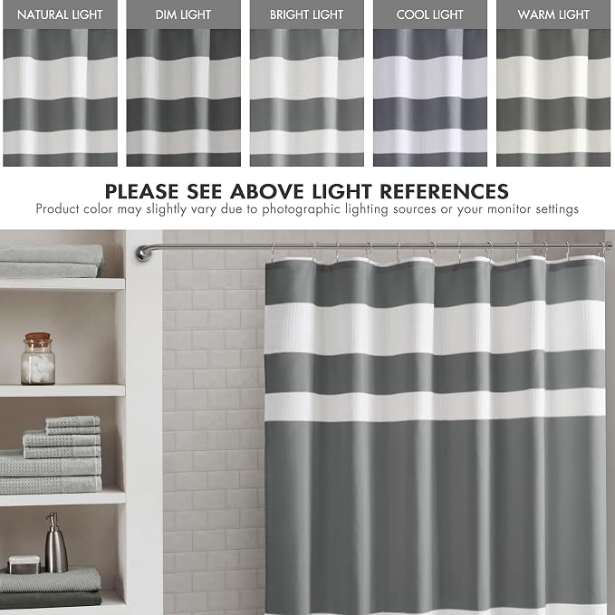 Madison Park Spa Waffle Weave Long Shower Curtain, 72 x 78, Charcoal | Striped, Pieced Fabric Design, 3M Scotchgard Moisture Management, Hotel Quality, Modern, for Bathroom, OEKO-TEX Certified