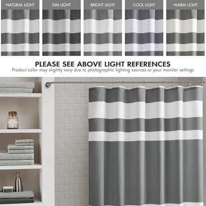 Madison Park Spa Waffle Weave Long Shower Curtain, 72 x 78, Charcoal | Striped, Pieced Fabric Design, 3M Scotchgard Moisture Management, Hotel Quality, Modern, for Bathroom, OEKO-TEX Certified
