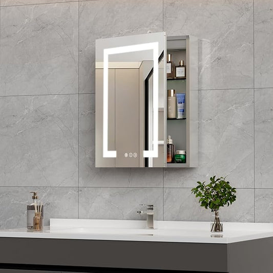 16 * 24 Smart LED Lighted Bathroom Medicine Cabinet Mirror with Touch Control, 3-Color Temperature, Stepless Dimming, 1-Hour Auto-Off – Ideal for Modern Bathrooms and Makeup Routines