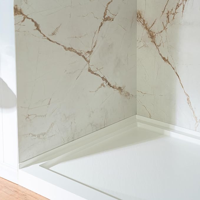Woodbridge 48" W x 96" H 3-Piece Solid Surface Tile Tub and Shower Wall Panel Surround Kit in Beige Marble with Soft Brown Veining (High Gloss Finish), Quick Install and Trimmable, 3/16" (5mm) Thick