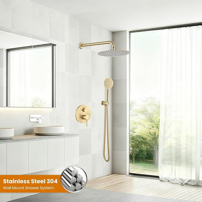 gotonovo High Pressure Shower System Valve and Trim Kit,Brushed Gold | Round Rain 10 Inch Shower Head with Handheld Faucet Set Complete,Rough In Valve,2-in-1 Diverter,All Metal,Bathroom Wall Mount